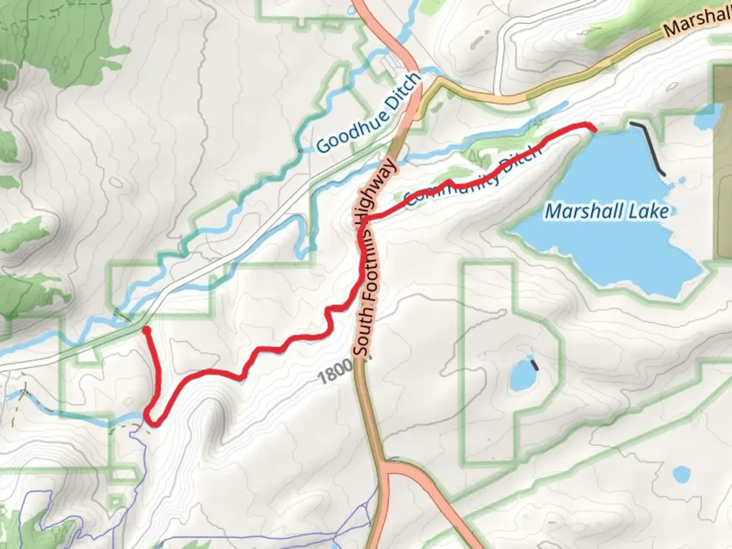 An image depicting the trail Marshall Lake via Community Ditch Trail and its surrounding area.