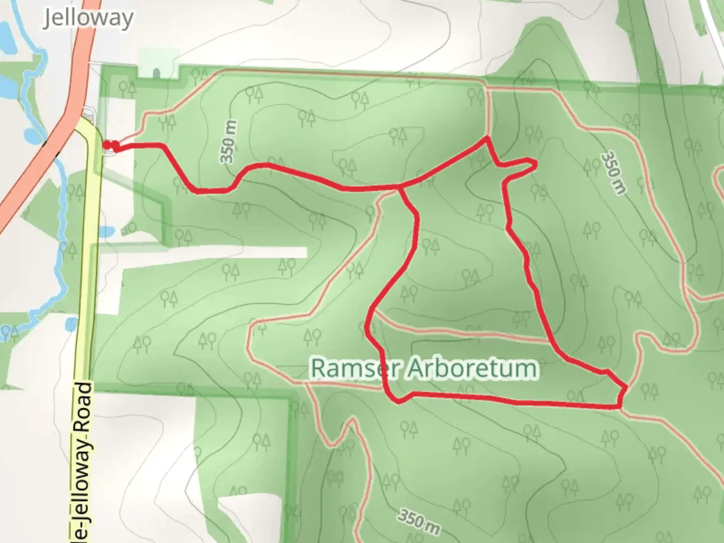 An image depicting the trail Oak Trail, Dogwood Trail and Tuliptree Trail and its surrounding area.