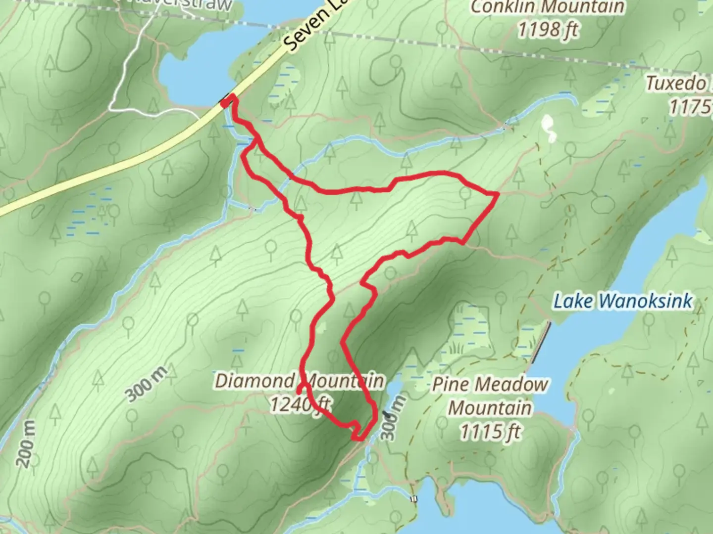 An image depicting the trail Diamond Mountain and Tuxedo Mount Ivy Loop Trail via Lake Sebago and its surrounding area.