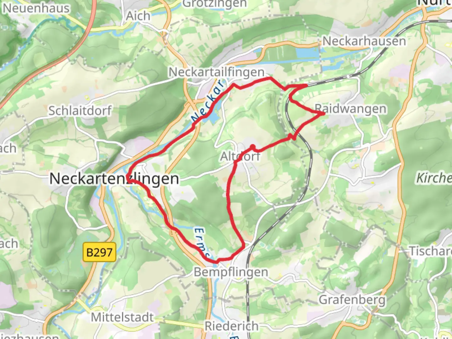 An image depicting the trail Altdorf and Neckartenzlingen Loop via Scheiterhauwald and its surrounding area.