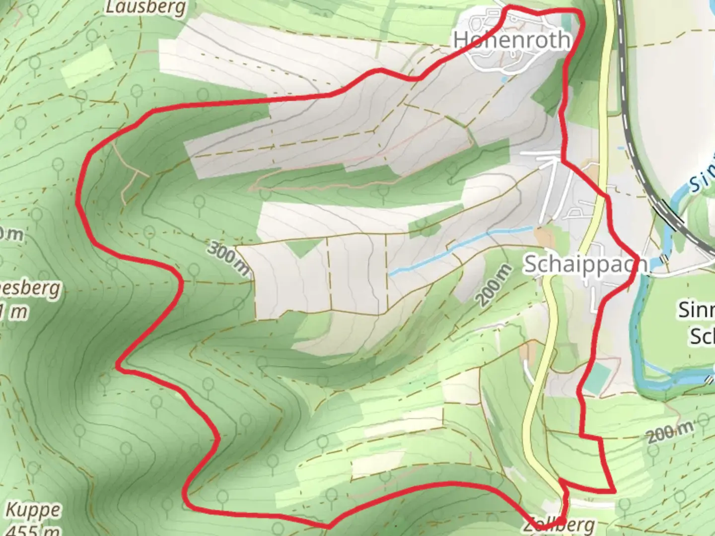An image depicting the trail Ortswanderweg Rieneck and Lauf der Verrueckten and its surrounding area.