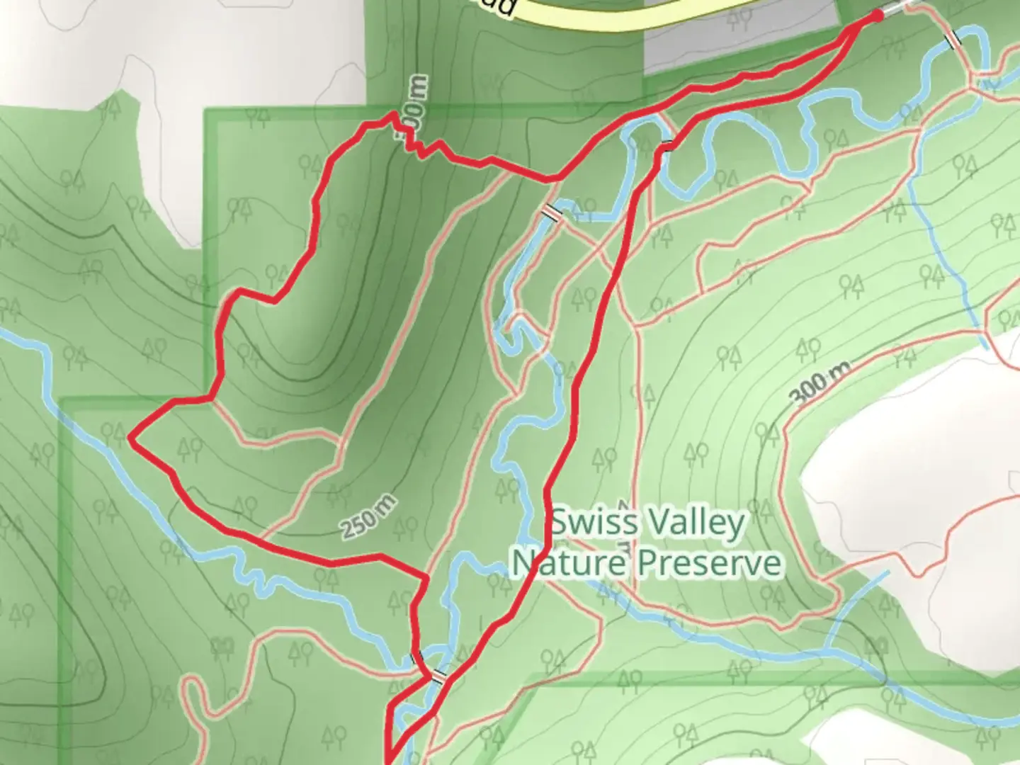 An image depicting the trail Swiss Valley Nature Preserve Loop and its surrounding area.