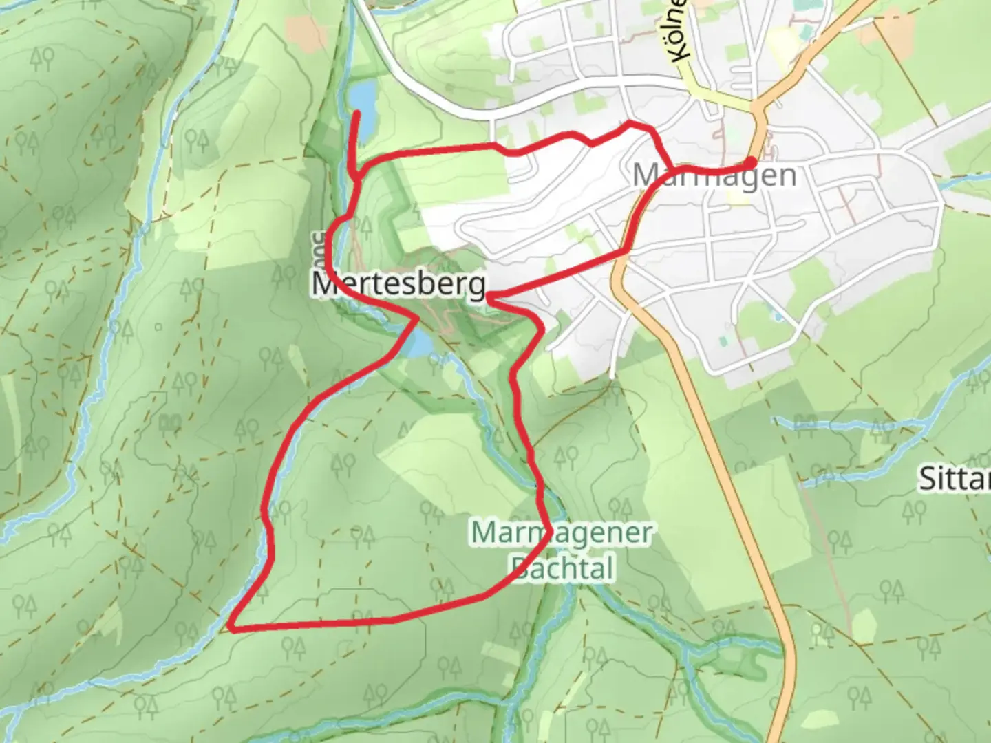 An image depicting the trail Marmagener Bach and Fuchshöhle Loop and its surrounding area.