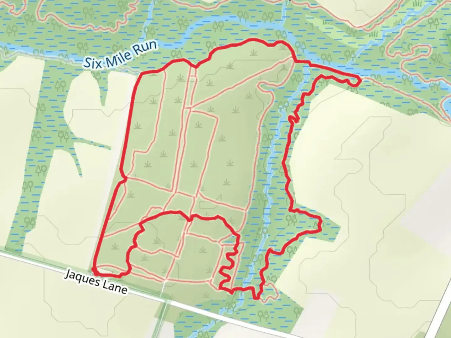 An image depicting the trail Six Mile Run - White and Red Loop Trail and its surrounding area.
