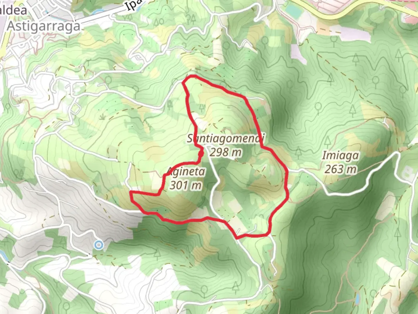 An image depicting the trail Return to Santiagomendi SL GI 50 and its surrounding area.