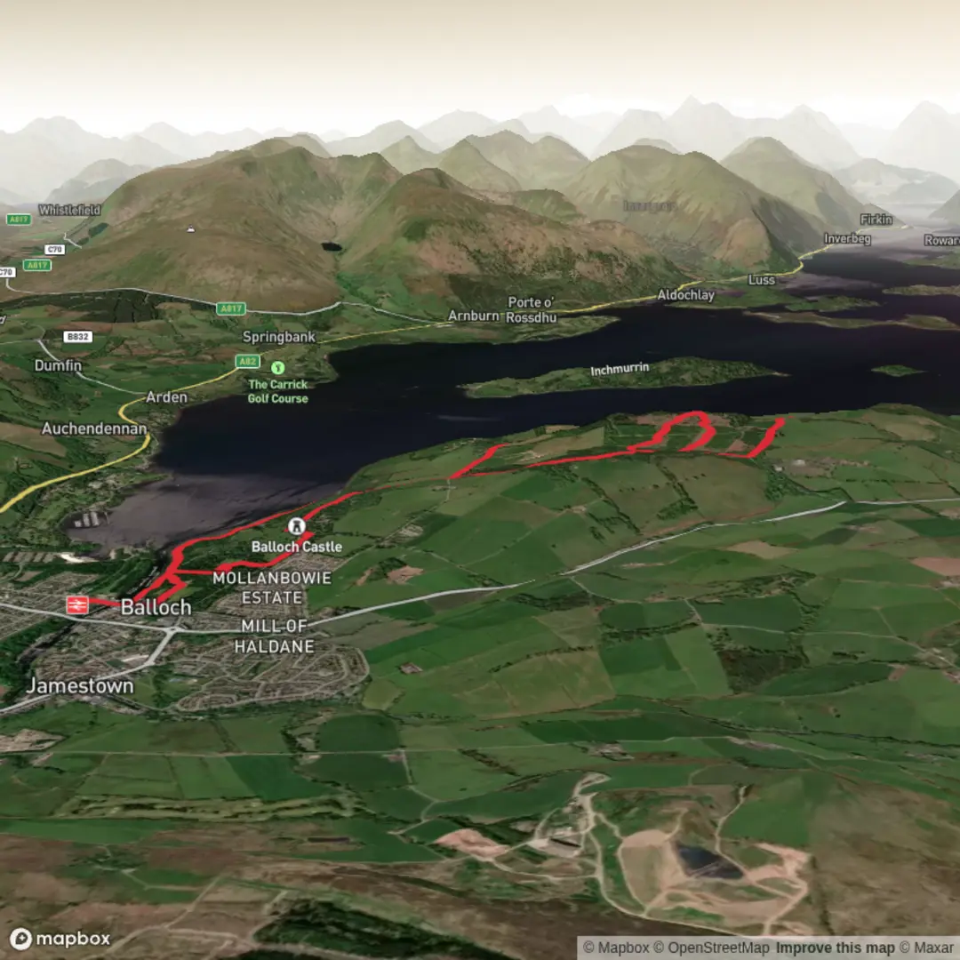 An image depicting the trail Balloch Castle & Knockour hill loop from Balloch and its surrounding area.