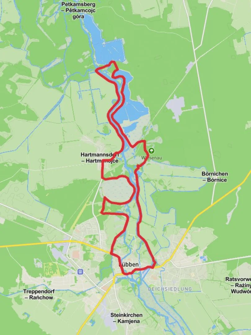 An image depicting the trail Lubben Loop via Biebersdorfer Wiesen and its surrounding area.