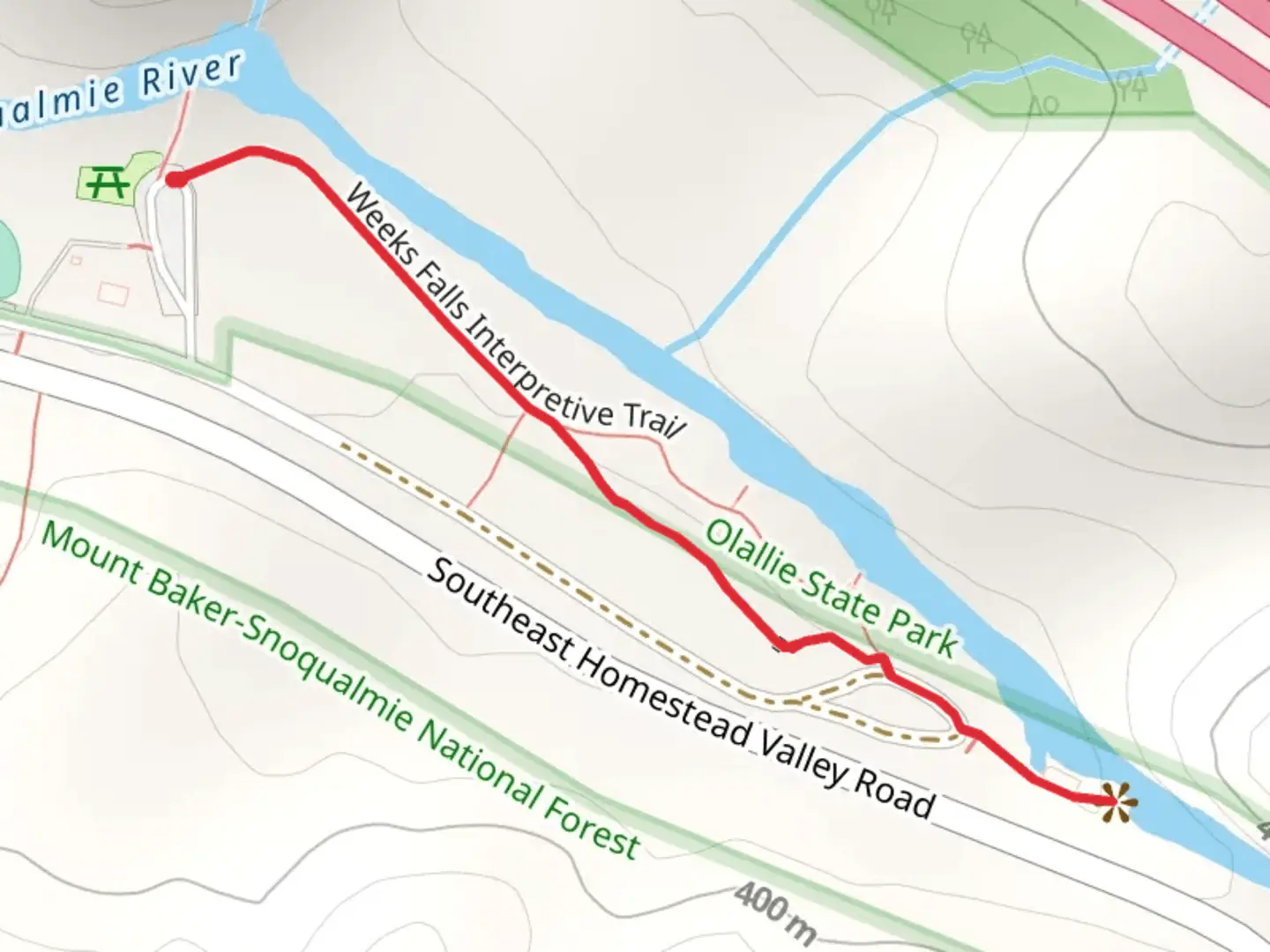 An image depicting the trail Weeks Falls Interpretive Trail and its surrounding area.