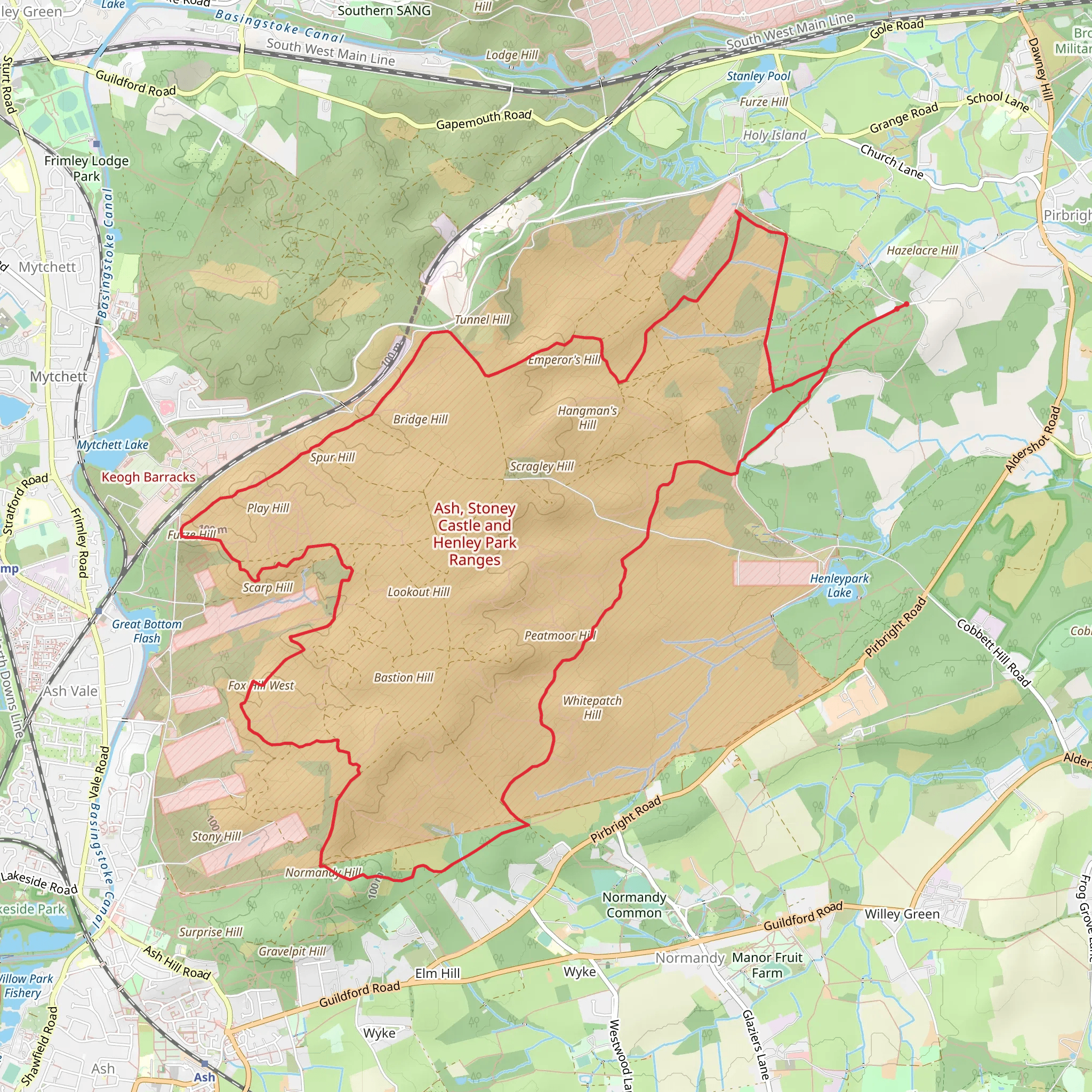 Pirbright Common, Normandy Hill, Pit Hill, Scrap Hill and Emperor's Hill Loop mobile static map