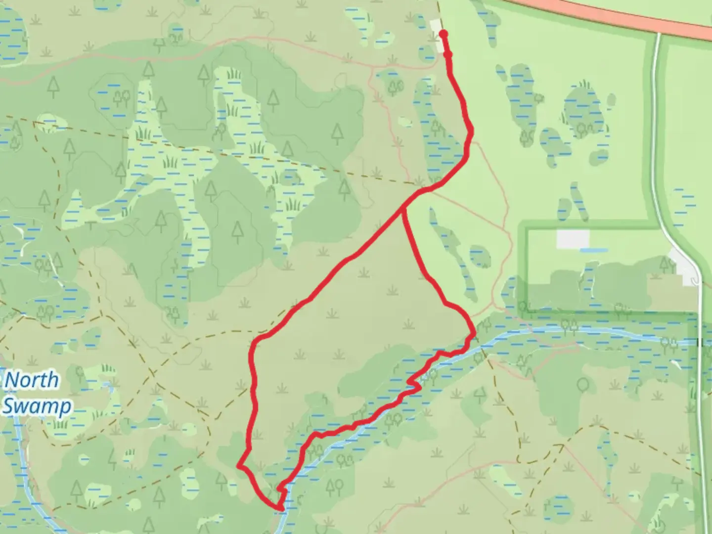 An image depicting the trail Cathi's Trail and West Branch Crabgrass Creek Loop and its surrounding area.