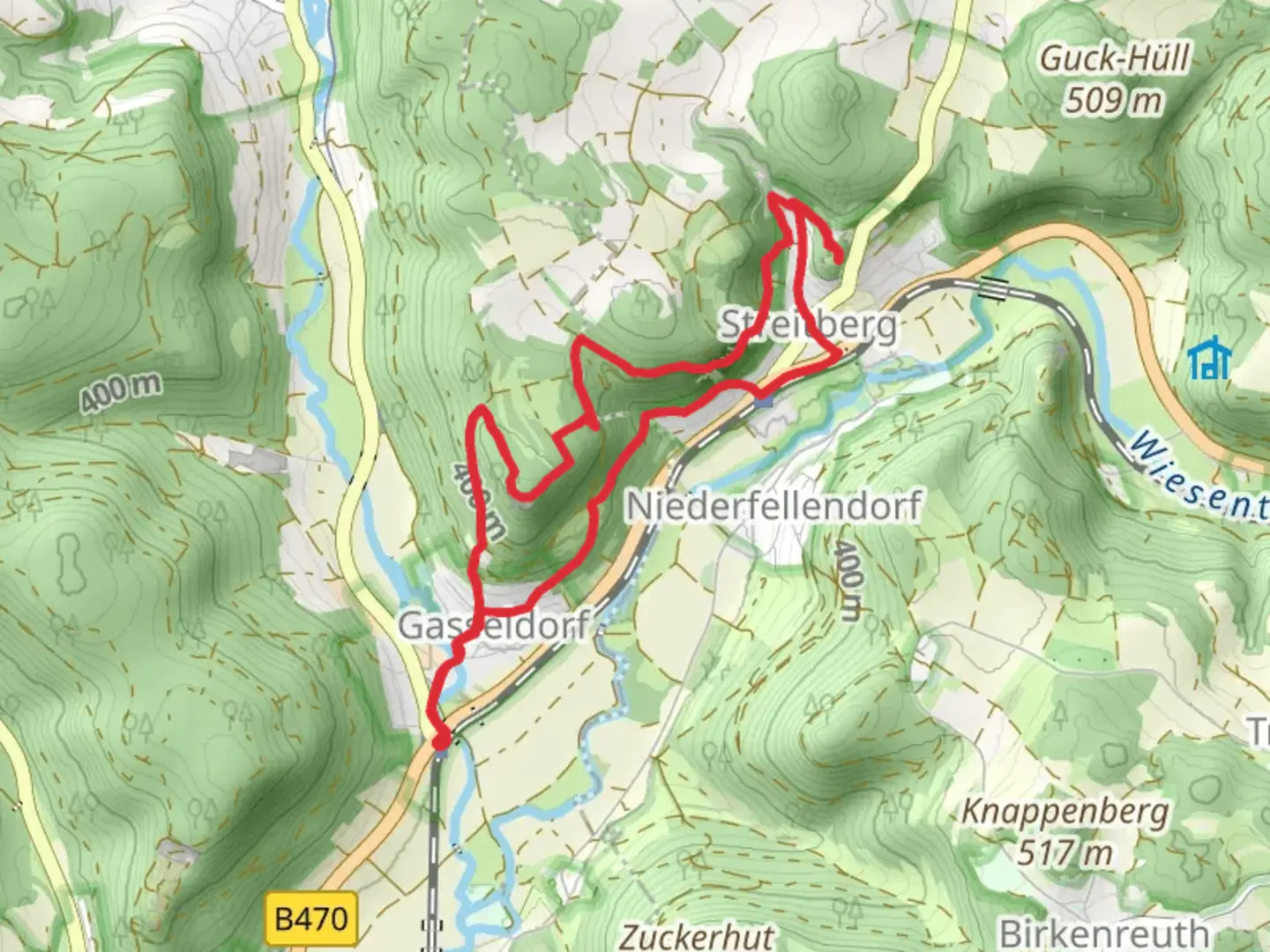 An image depicting the trail Wedenbach Waterfall and Burgruine Streitberg Loop and its surrounding area.
