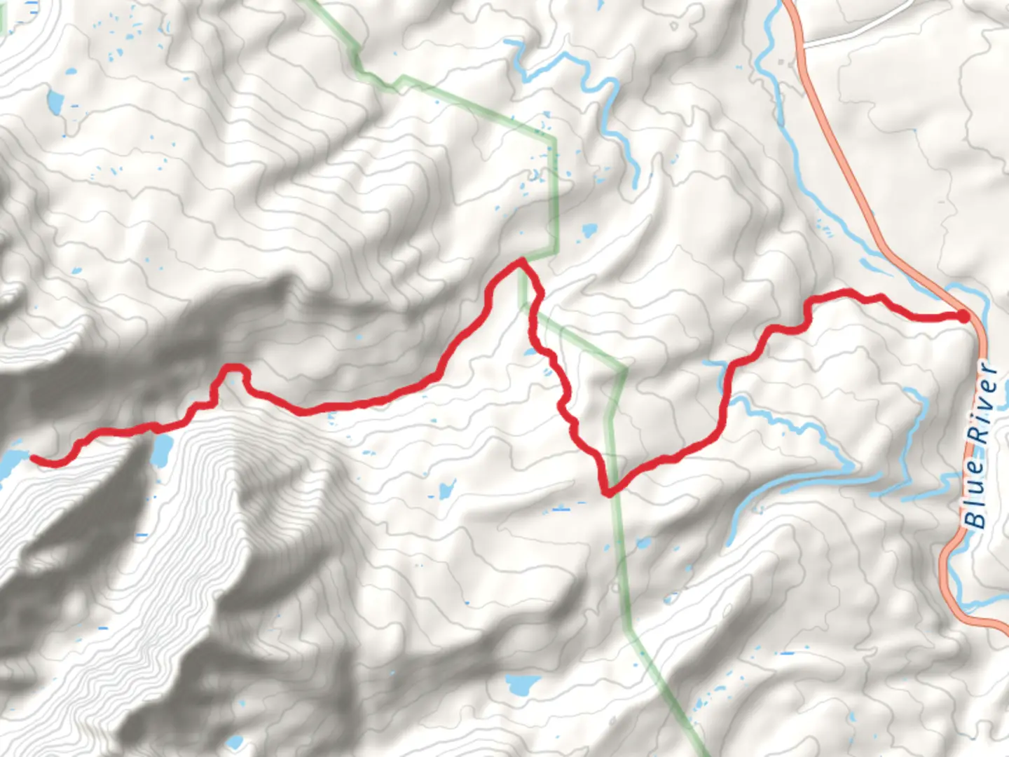 An image depicting the trail Upper Slate Lake and Harrigan Creek and its surrounding area.