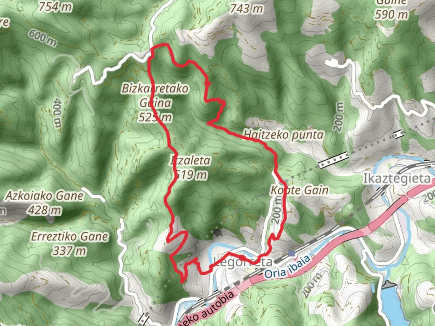 An image depicting the trail Burnigurutzeta Path PR GI 207 and its surrounding area.