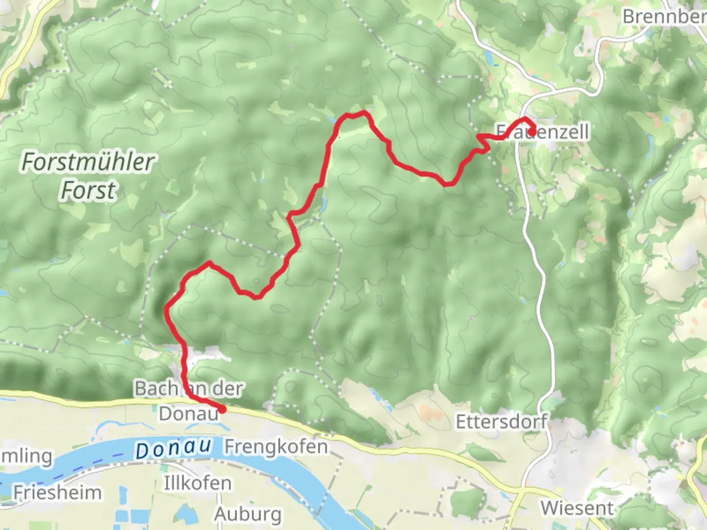 An image depicting the trail Frauenzell to Bach an der Donau via Frauenzell - Hammermuehle and its surrounding area.