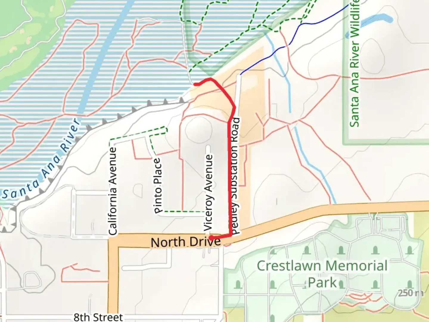 An image depicting the trail Santa Ana River from North Drive and its surrounding area.