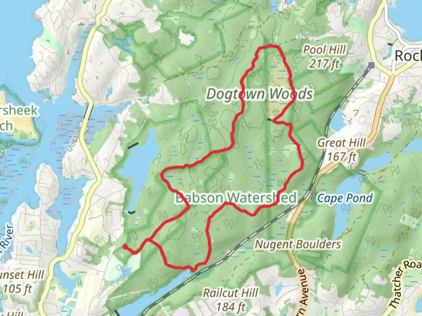 An image depicting the trail Babson Boulder Trail, Dinosaur and Adams Pines Trail Loop and its surrounding area.