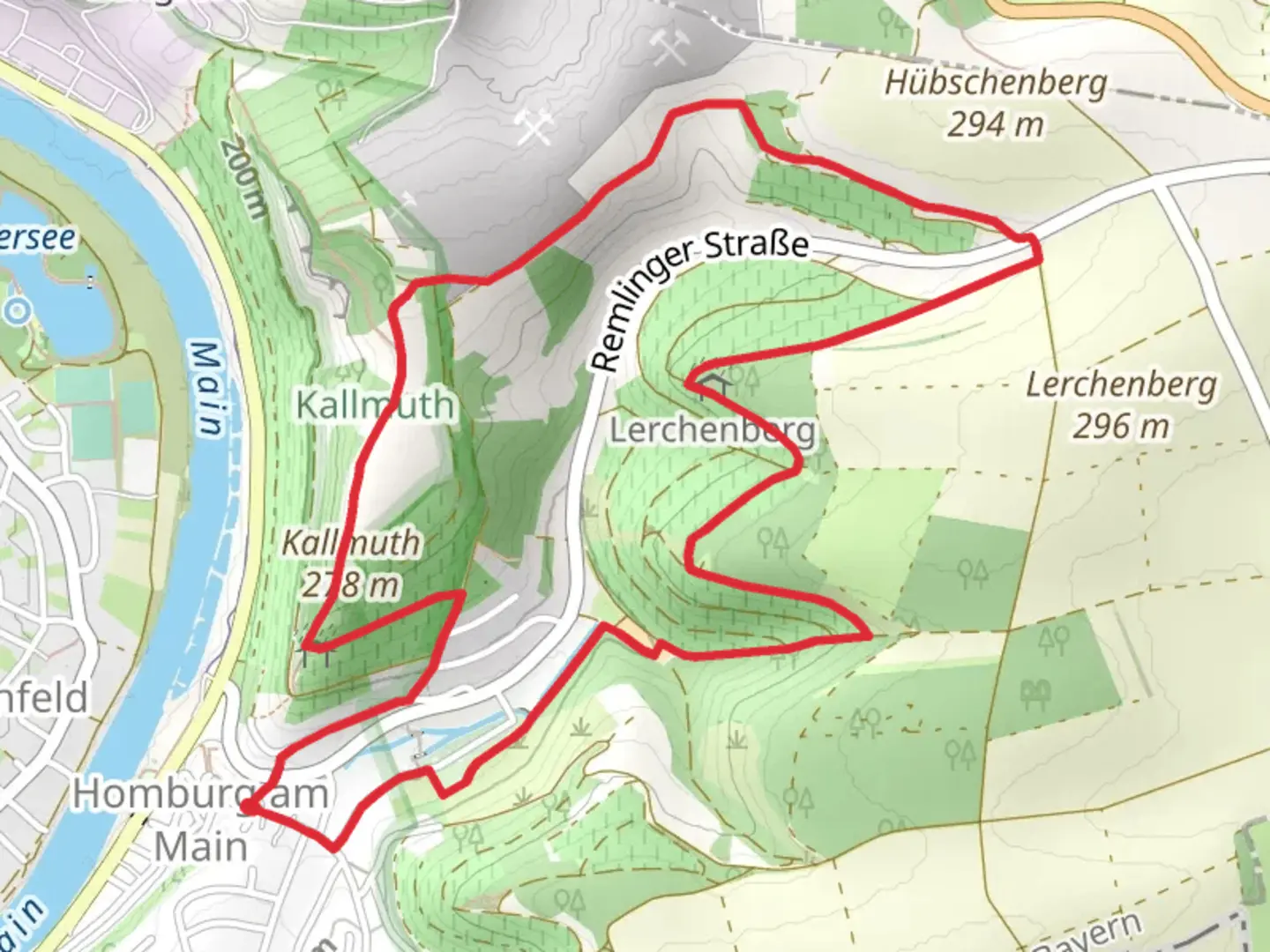 An image depicting the trail Kulturweg Triefenstein 2 and Bischbach Loop and its surrounding area.