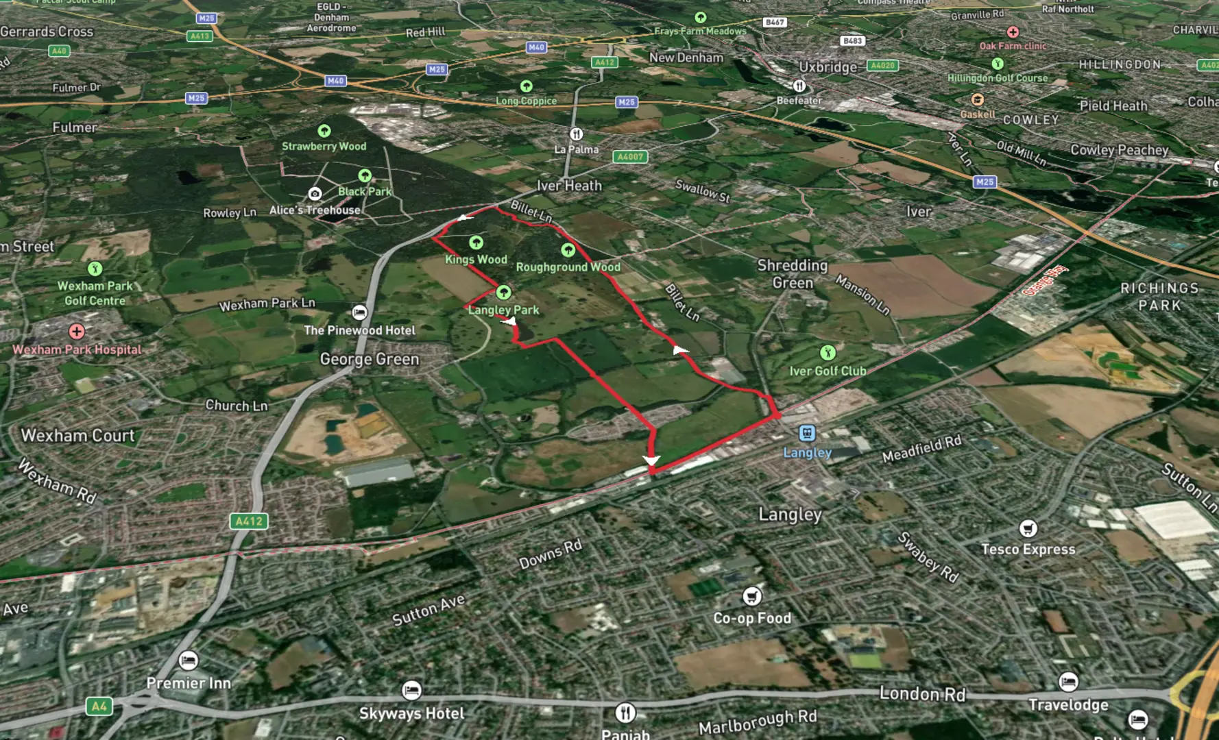An image depicting the trail Langley Park Lake and Roughround Wood Loop and its surrounding area.