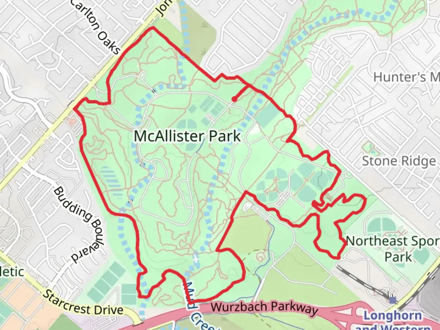 An image depicting the trail McAllister Park - Blue Loop and its surrounding area.