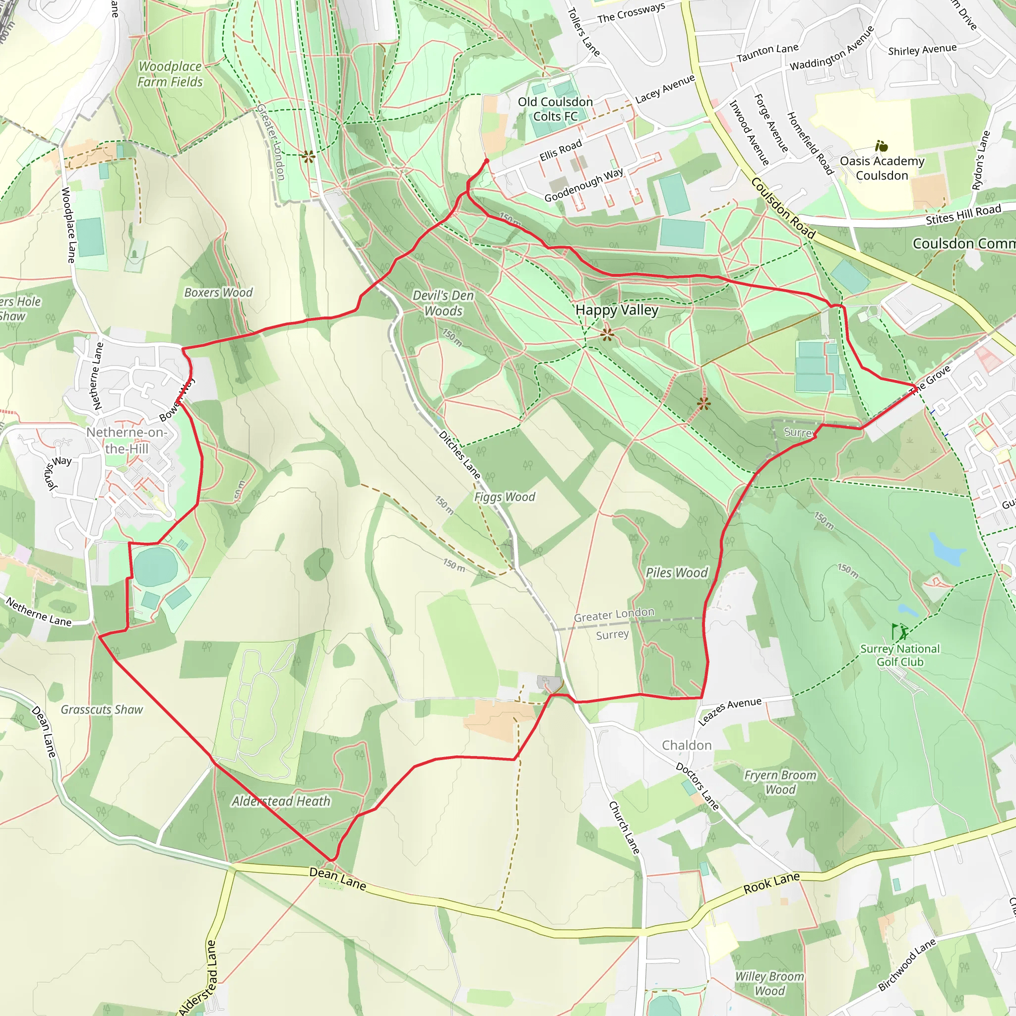 Alderstead Heath and Piles Wood via Tandridge Border Path mobile static map