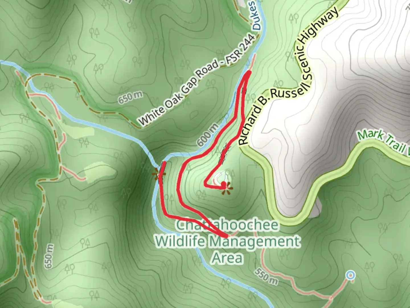 An image depicting the trail Dukes Creek and Falls and its surrounding area.