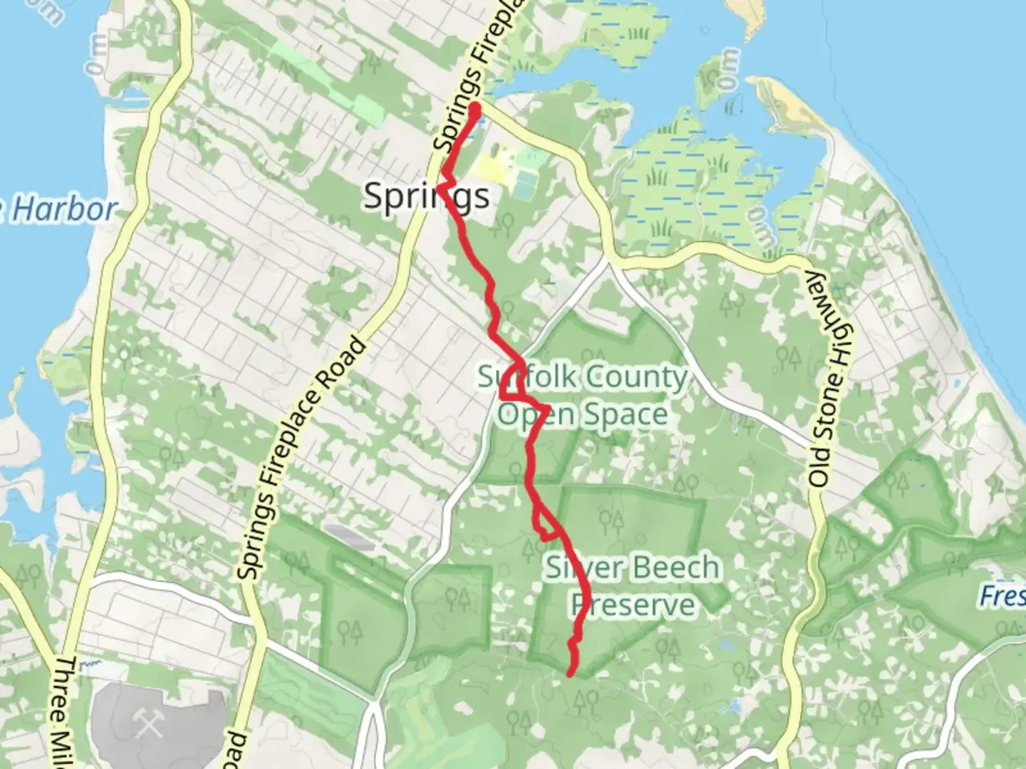 An image depicting the trail Springs to Amagansett Trail from Parsons Place and its surrounding area.