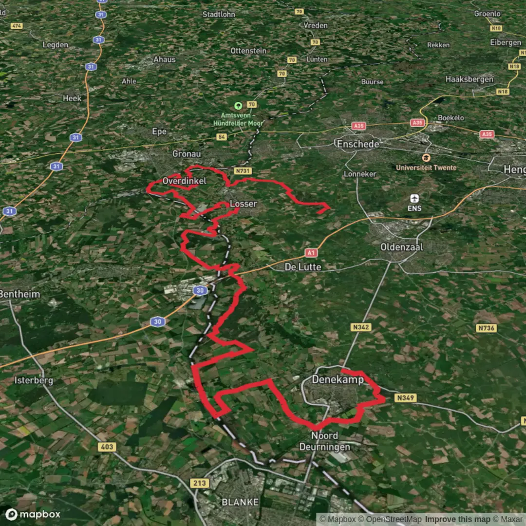 An image depicting the trail Denekamp to De Snippert via Grenzpfad and Drielandweg and its surrounding area.