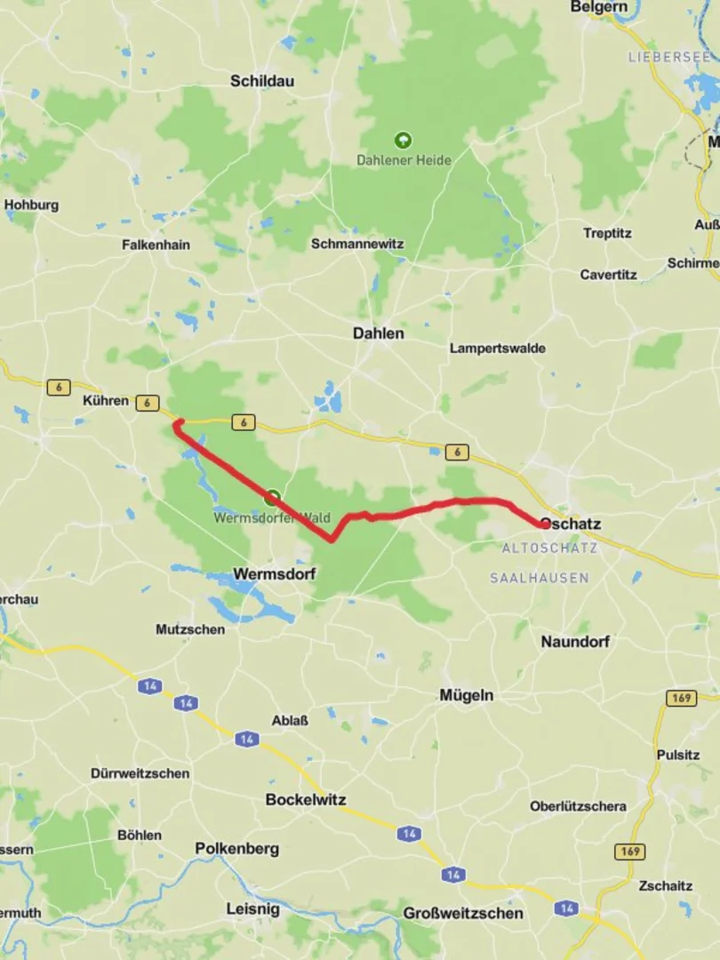 An image depicting the trail Wermsdorfer Wald and Oschatz Walk and its surrounding area.