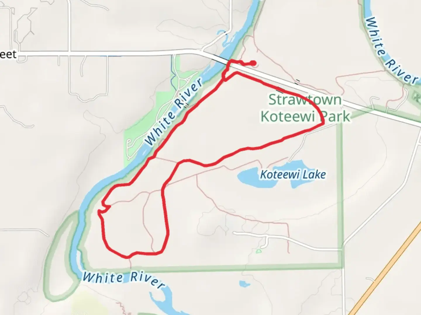 An image depicting the trail Loop beside White River - Strawtown Avenue and its surrounding area.