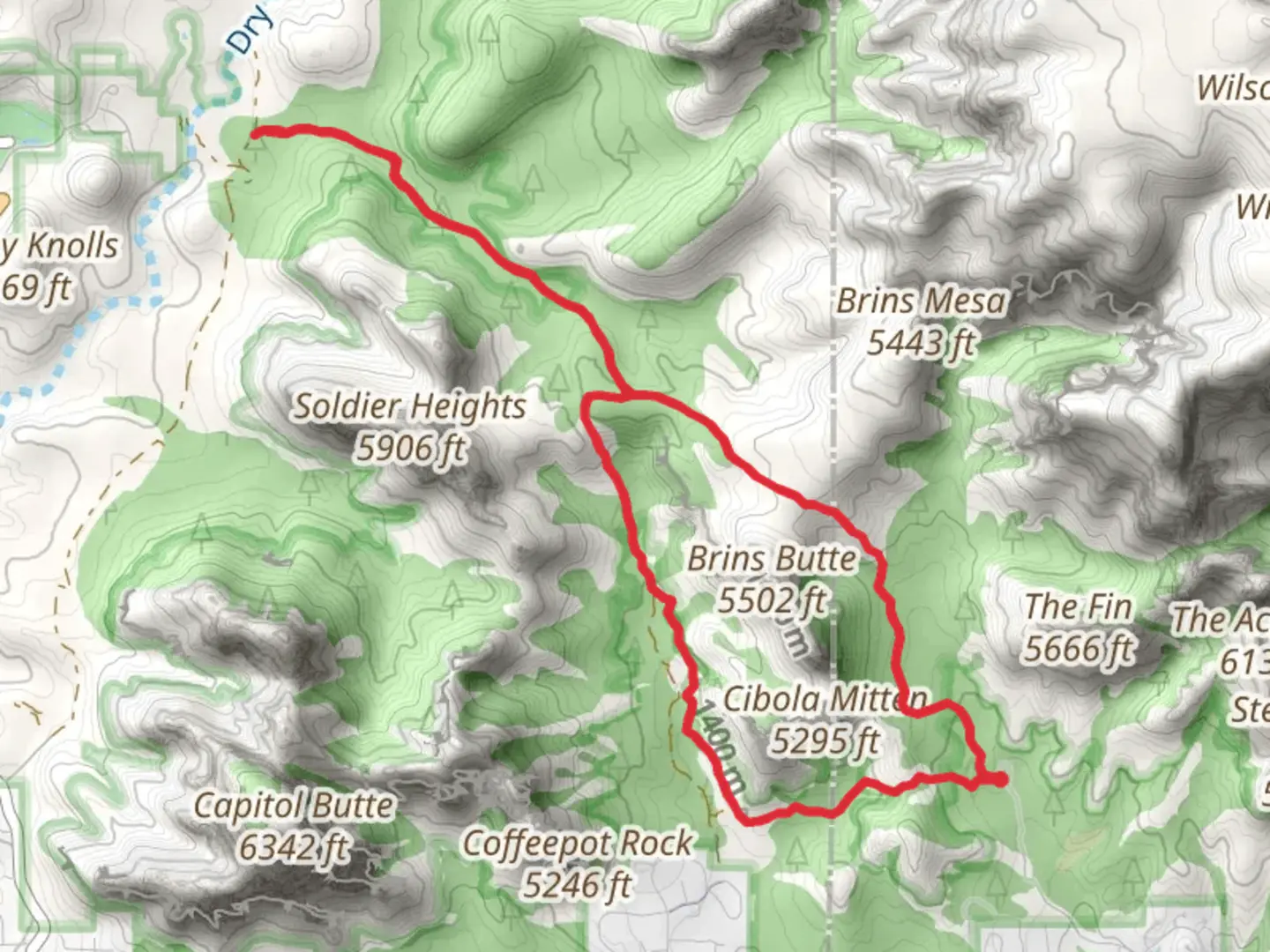 An image depicting the trail Brins Butte and Cibola Mitten Loop and its surrounding area.