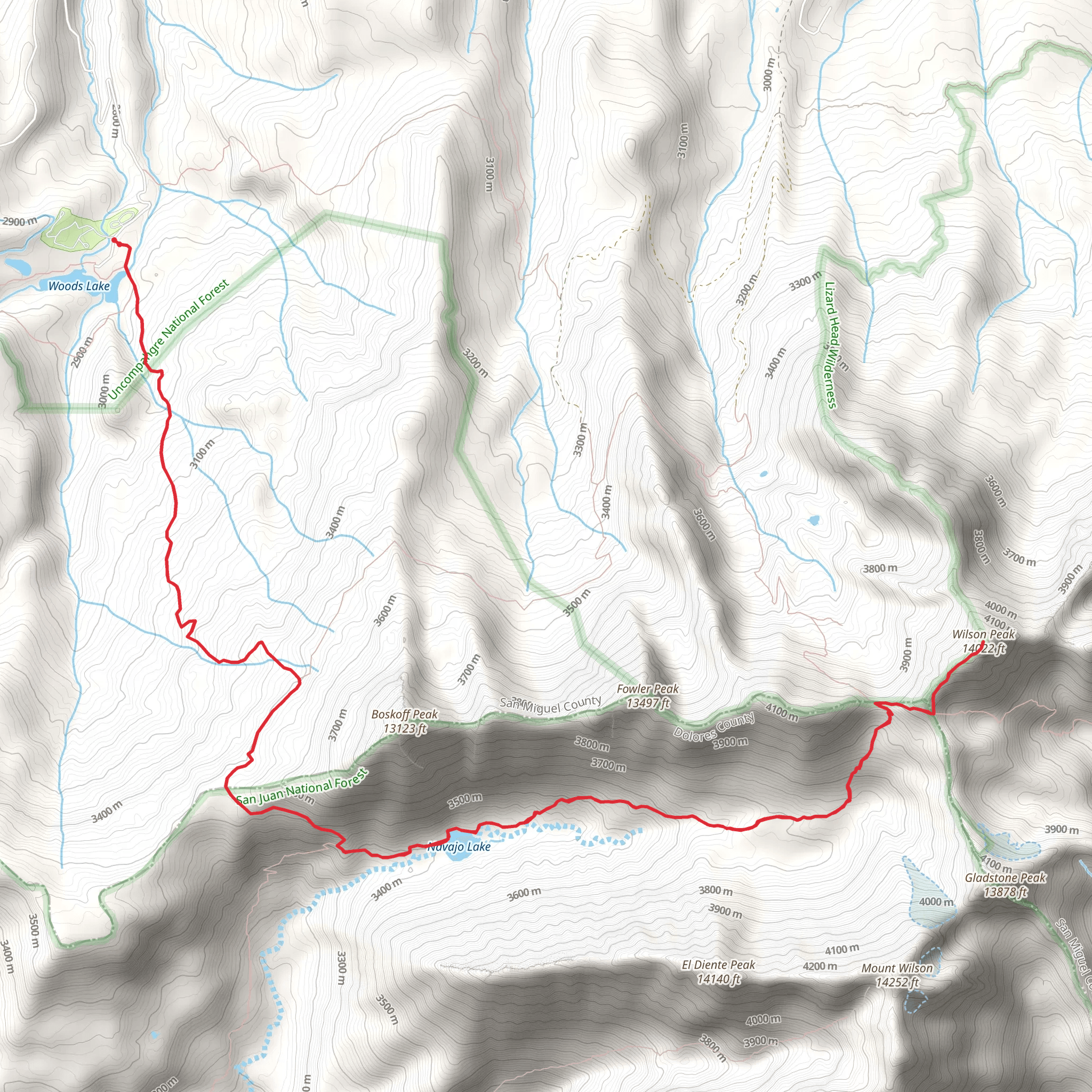 Wilson Peak via Woods Lake mobile static map