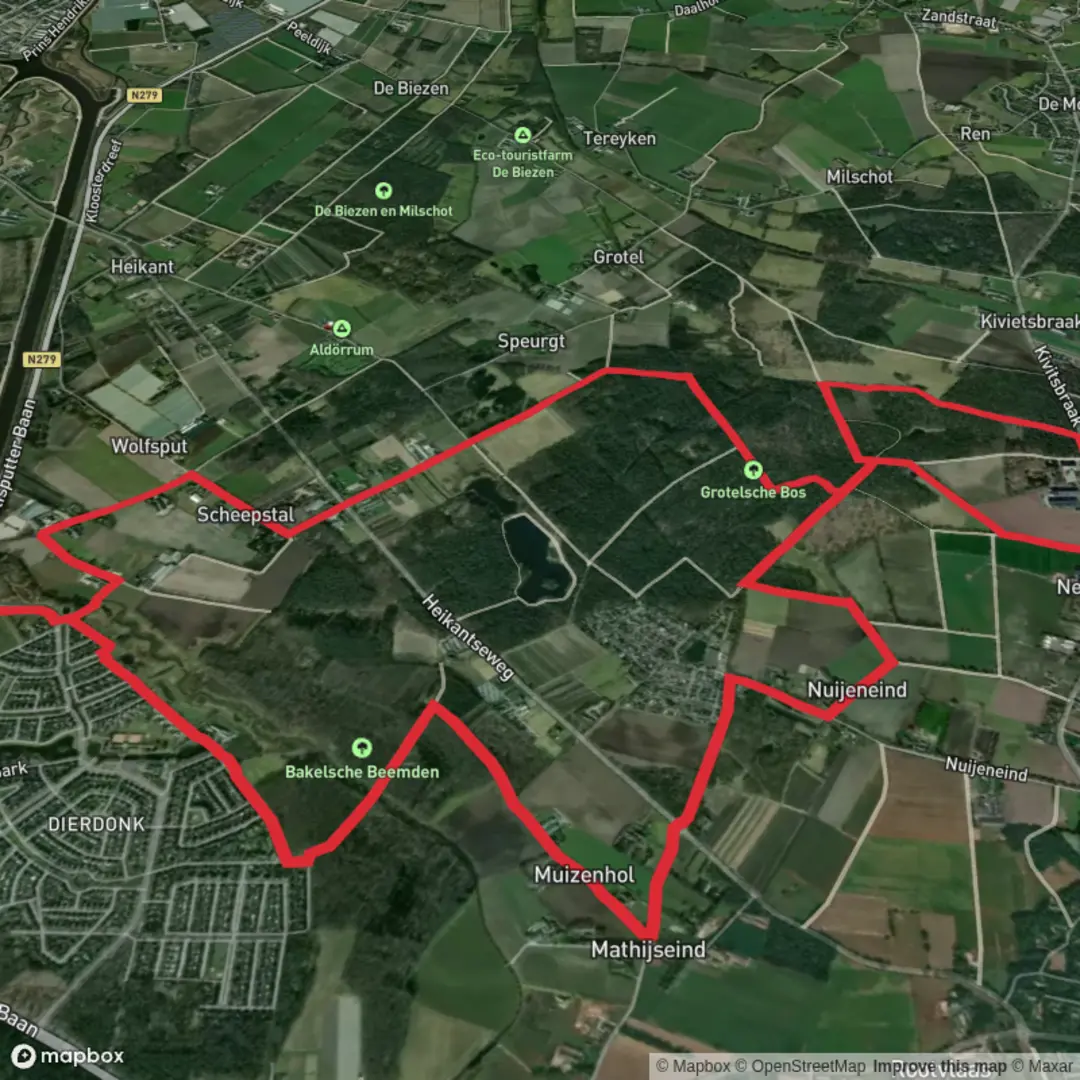 An image depicting the trail Bakelsche Beemden and Grotelsche Bos Loop and its surrounding area.