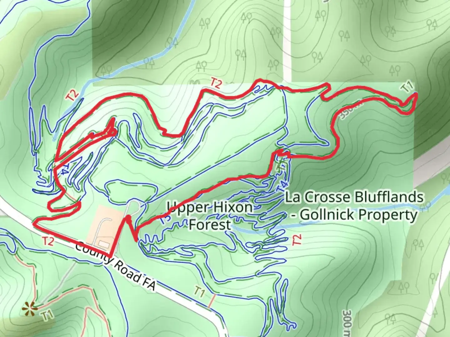 An image depicting the trail Twister and Moonshine in Upper Hixon Forest Loop and its surrounding area.