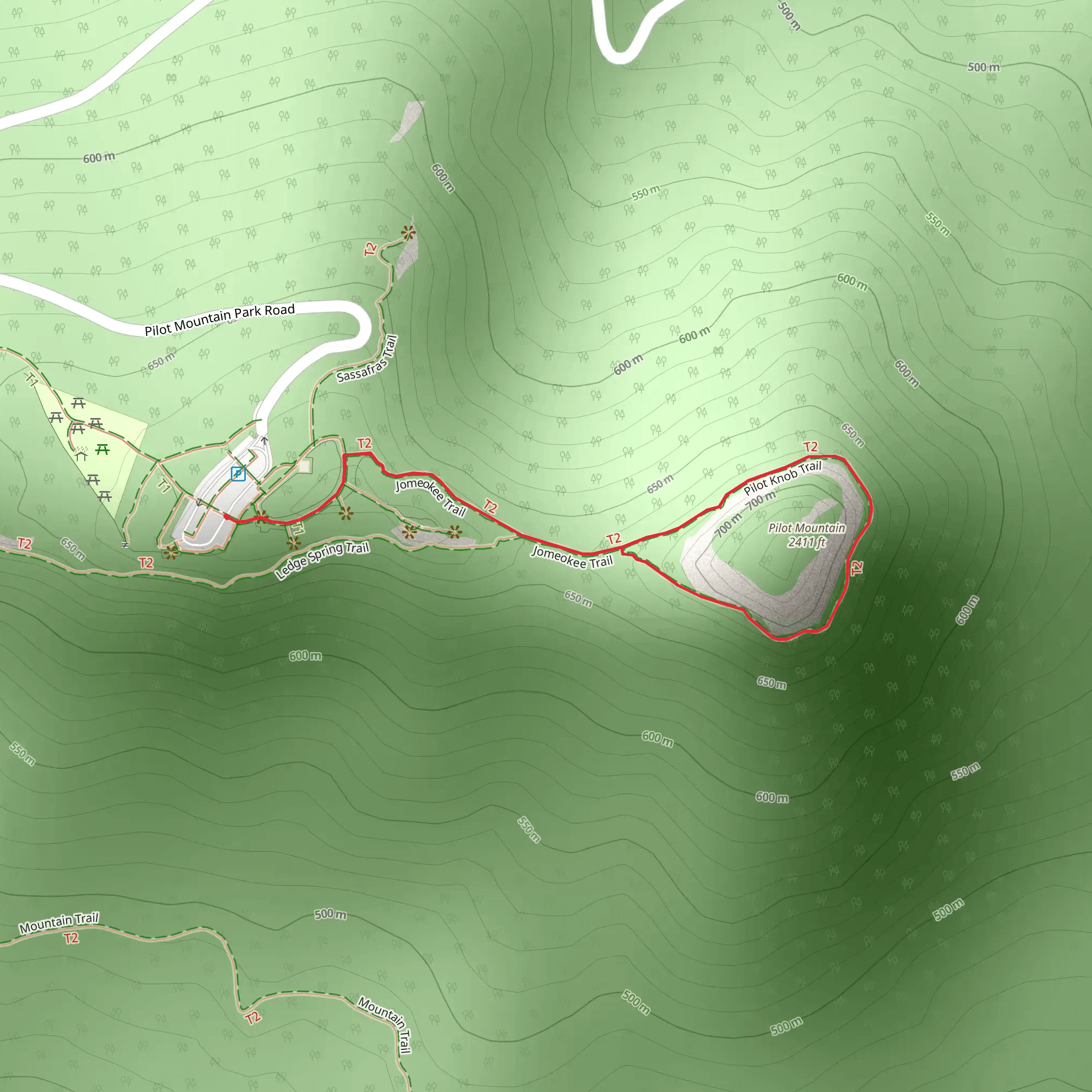 Pilot Mountain via Jomeokee Trail mobile static map