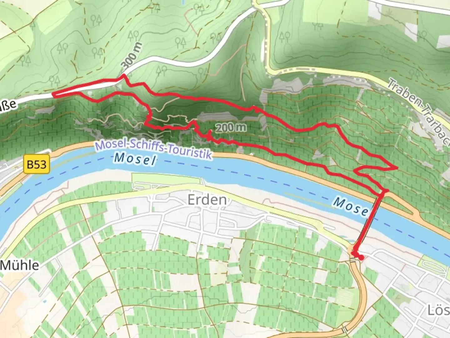 An image depicting the trail Leizenberg and Klettersteig Erden via Moselsteig and its surrounding area.
