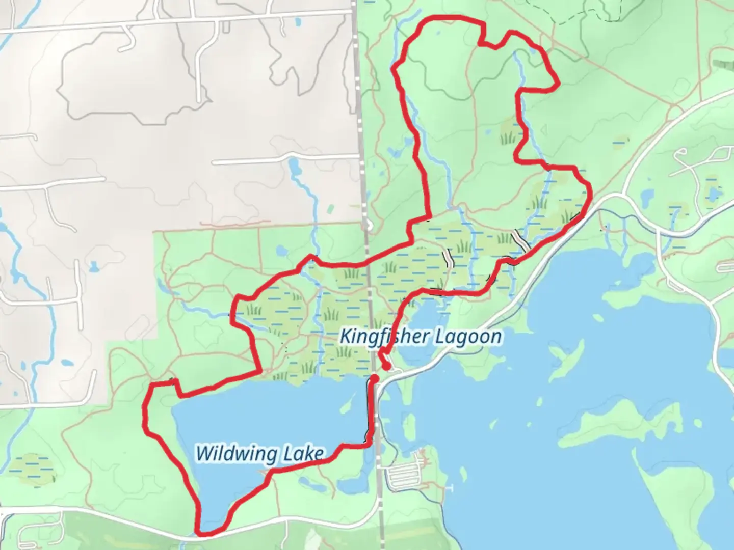An image depicting the trail Wildwing Trail, Deer Run and Fox Trail and its surrounding area.