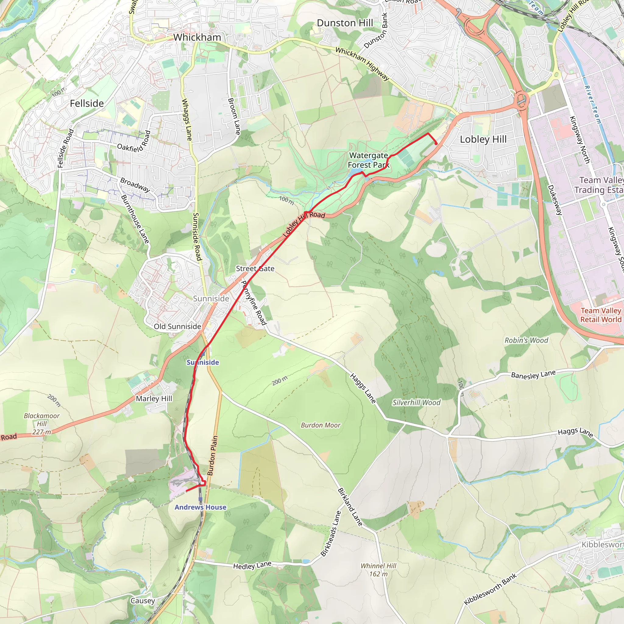 Watergate Forest Park via Tanfiled Railway Path mobile static map