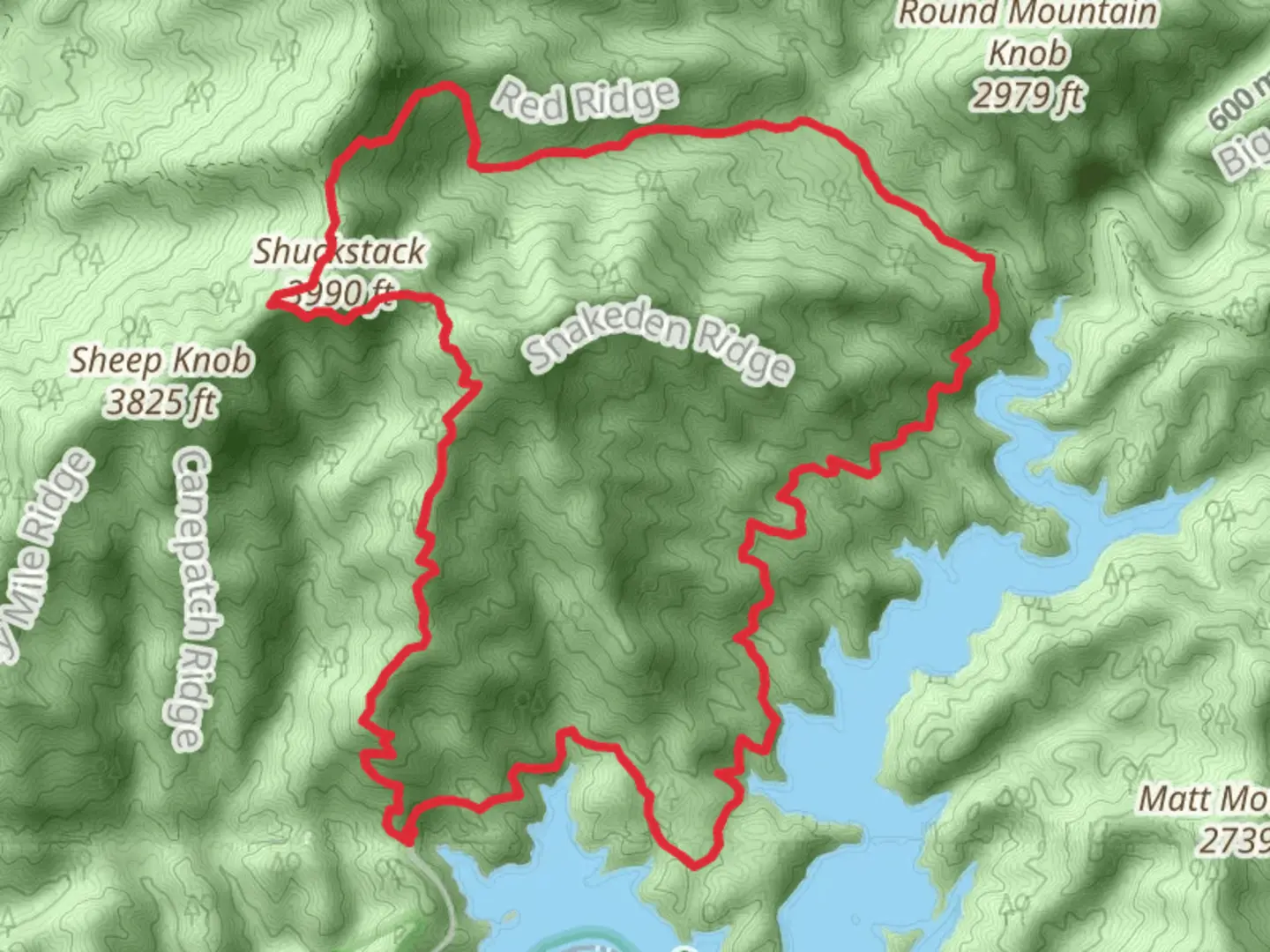 An image depicting the trail Lakeshore, Lost Cove and Appalachian Loop Trail and its surrounding area.