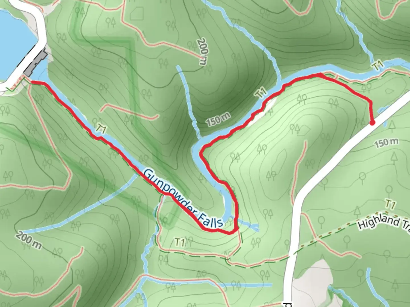 An image depicting the trail Gunpowder South Trail - white and Fishermans Trail and its surrounding area.
