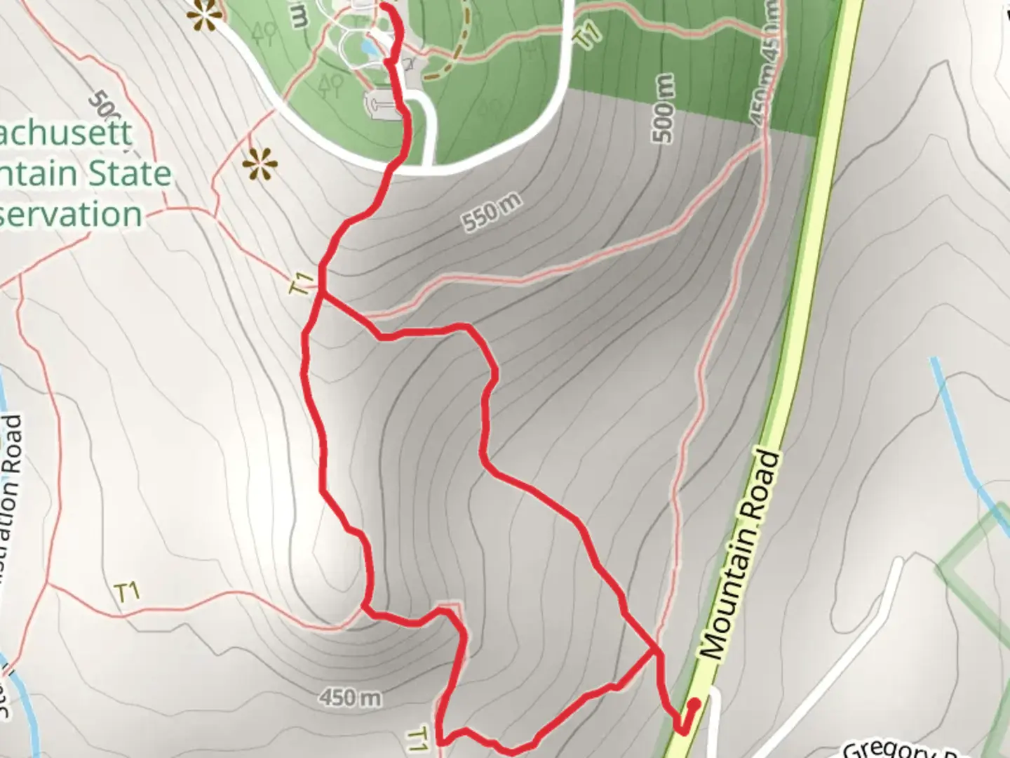 An image depicting the trail Mount Wachusett via Mountain House Trail and its surrounding area.