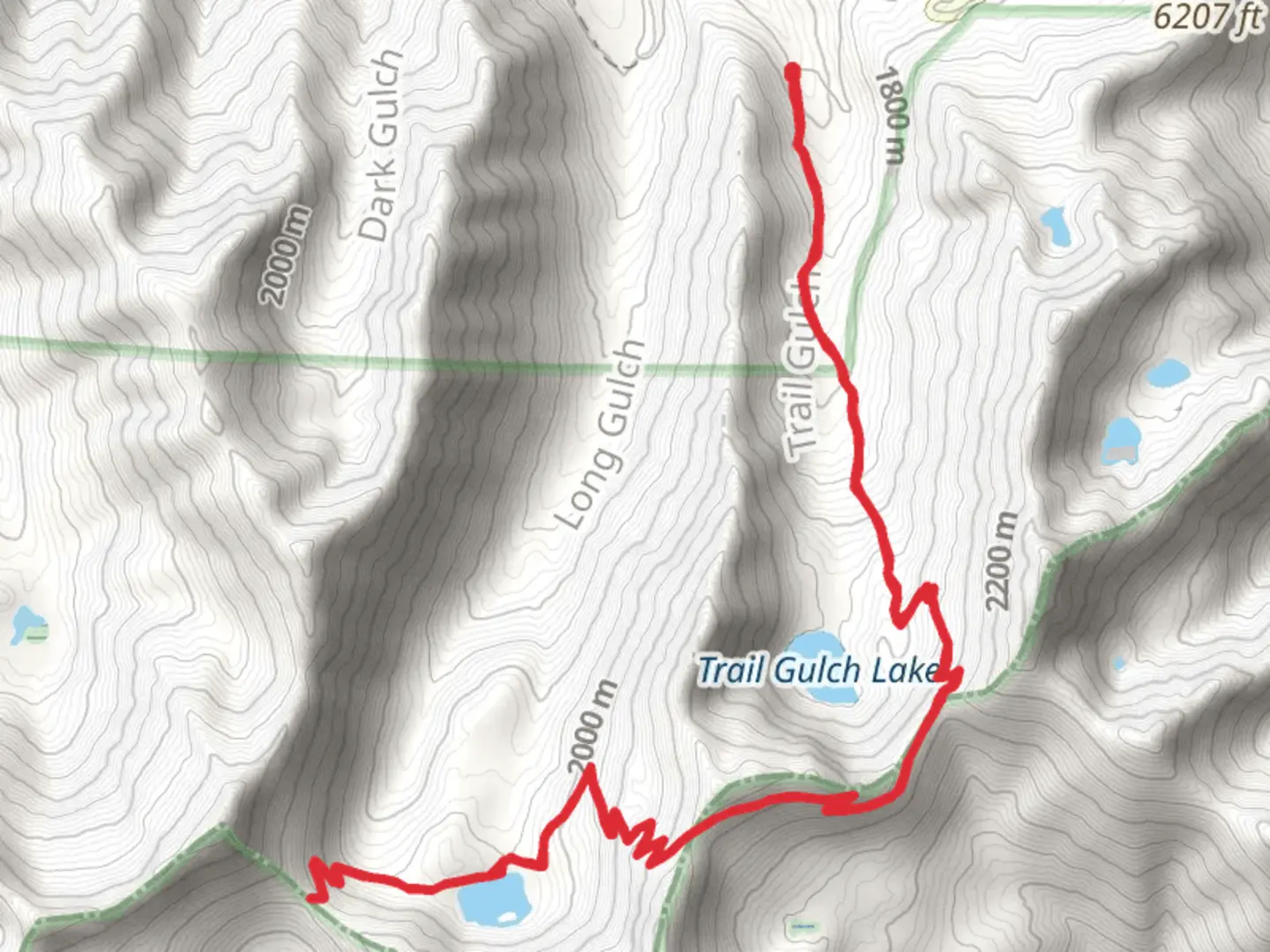 An image depicting the trail Long Gulch and Trail Gulch Lake Trail and its surrounding area.