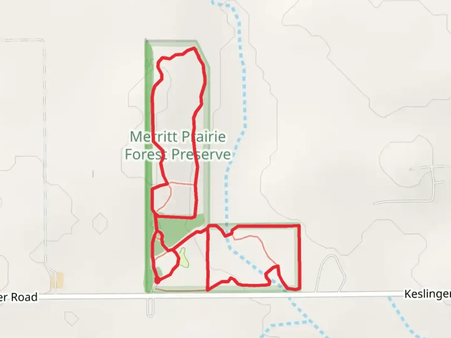 An image depicting the trail Merritt Prairie Forest Preserve Loop and its surrounding area.