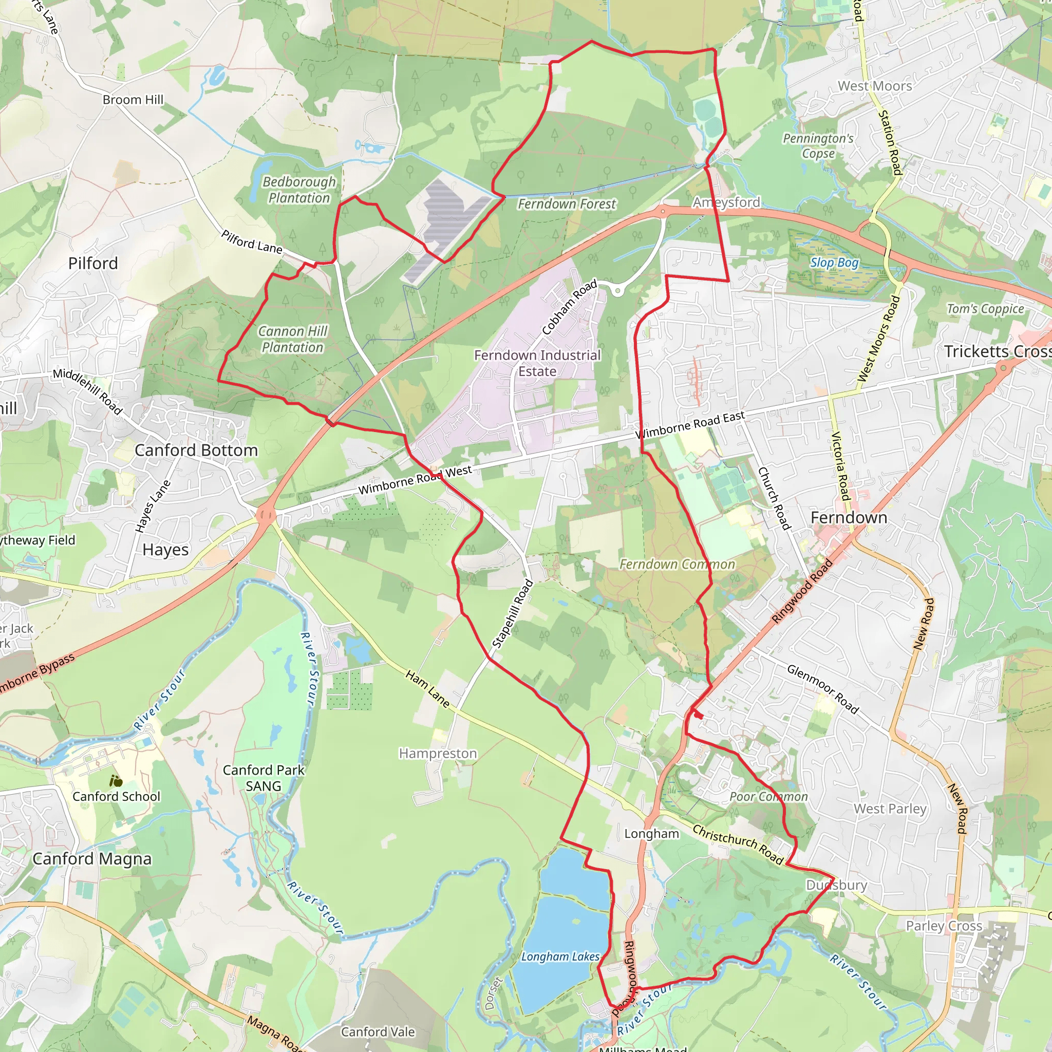 Longham Lakes, Ferndown Forest and Cannon Hill Plantation Loop mobile static map