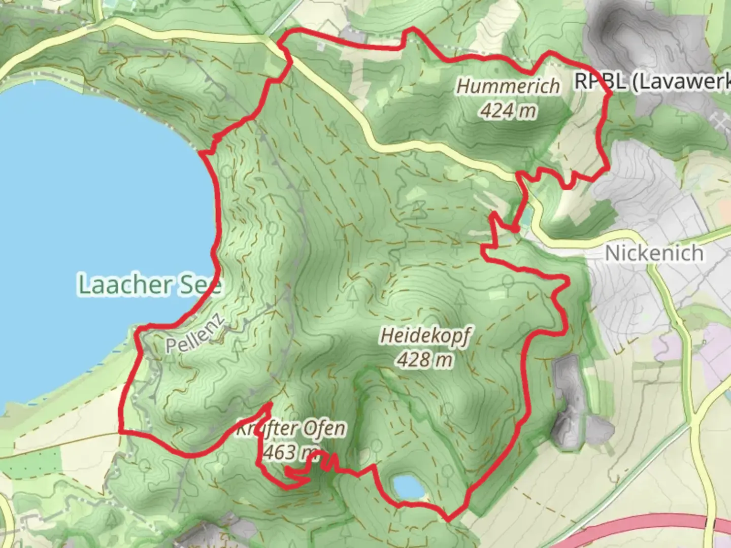 An image depicting the trail Nickenich and Laacher See Loop and its surrounding area.