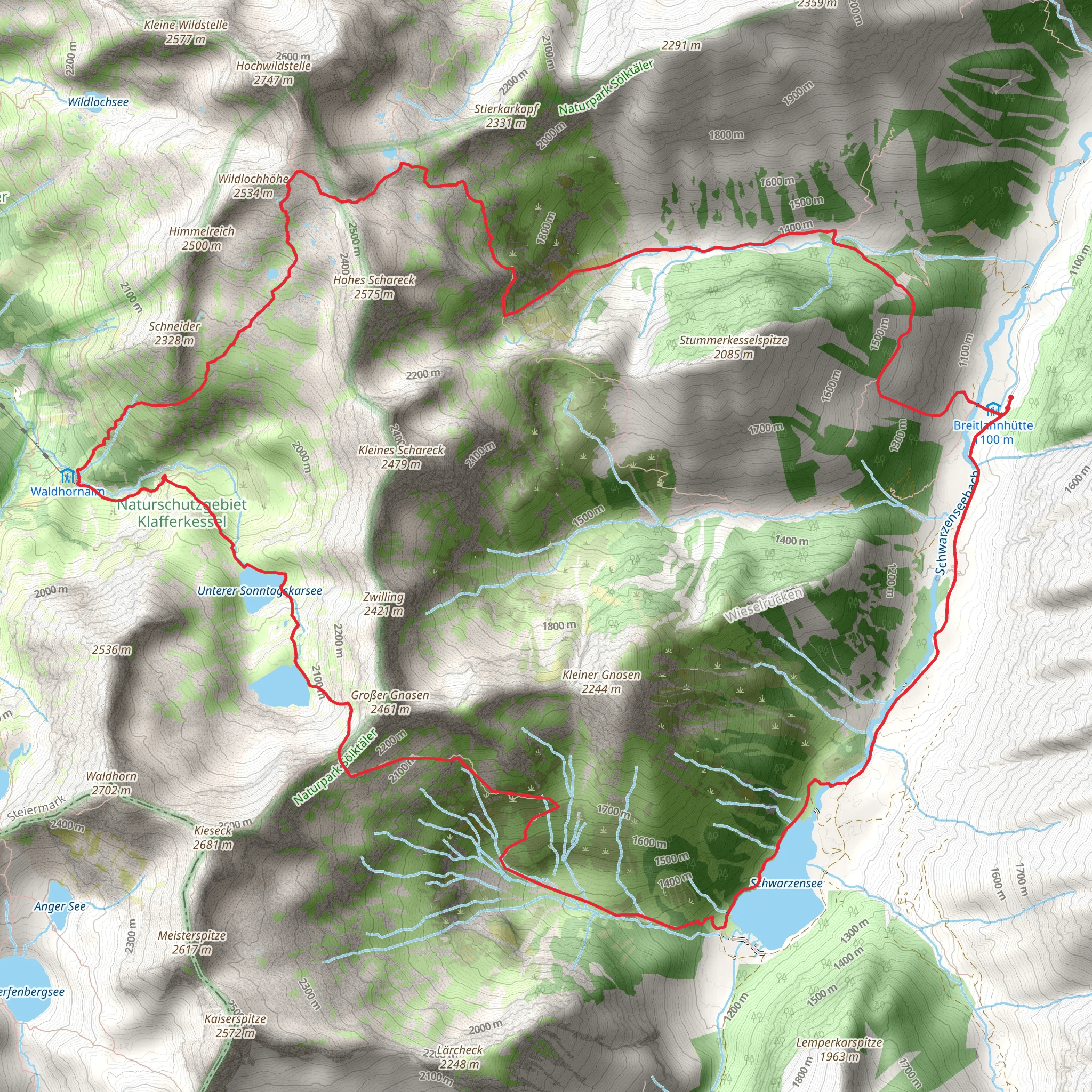 Breitlahnalm - Goldlacken - Sonntagskarseen - Schwarzensee mobile static map