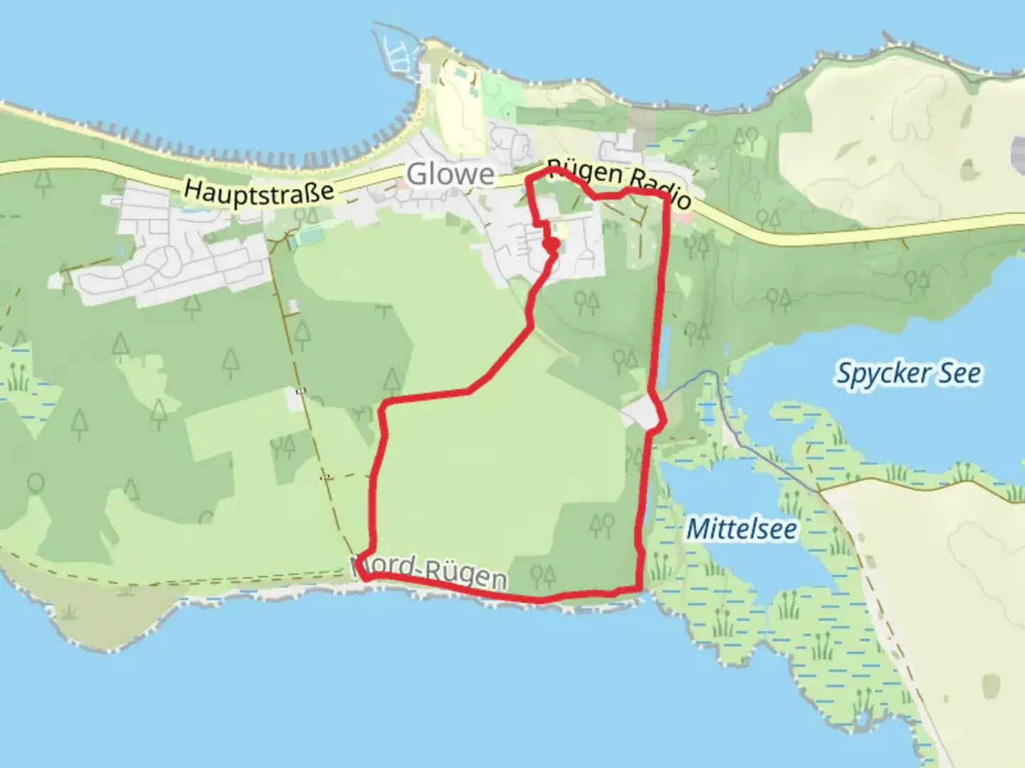 An image depicting the trail Spycker See in Glowe and its surrounding area.