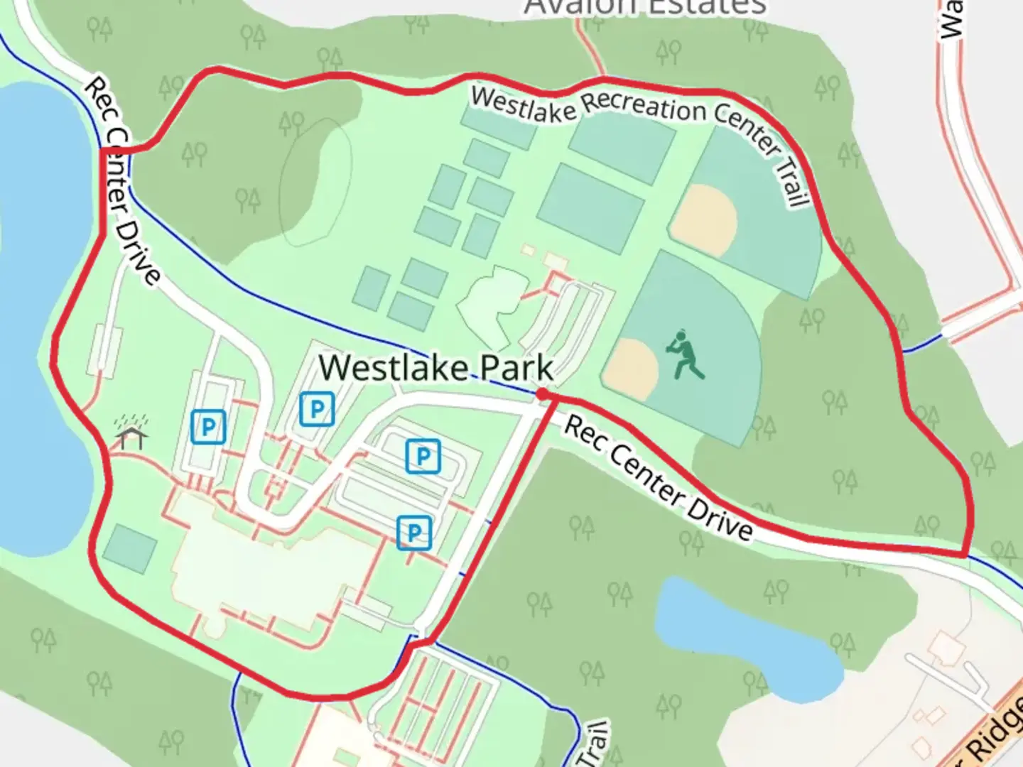 An image depicting the trail Westlake Park Loop and its surrounding area.