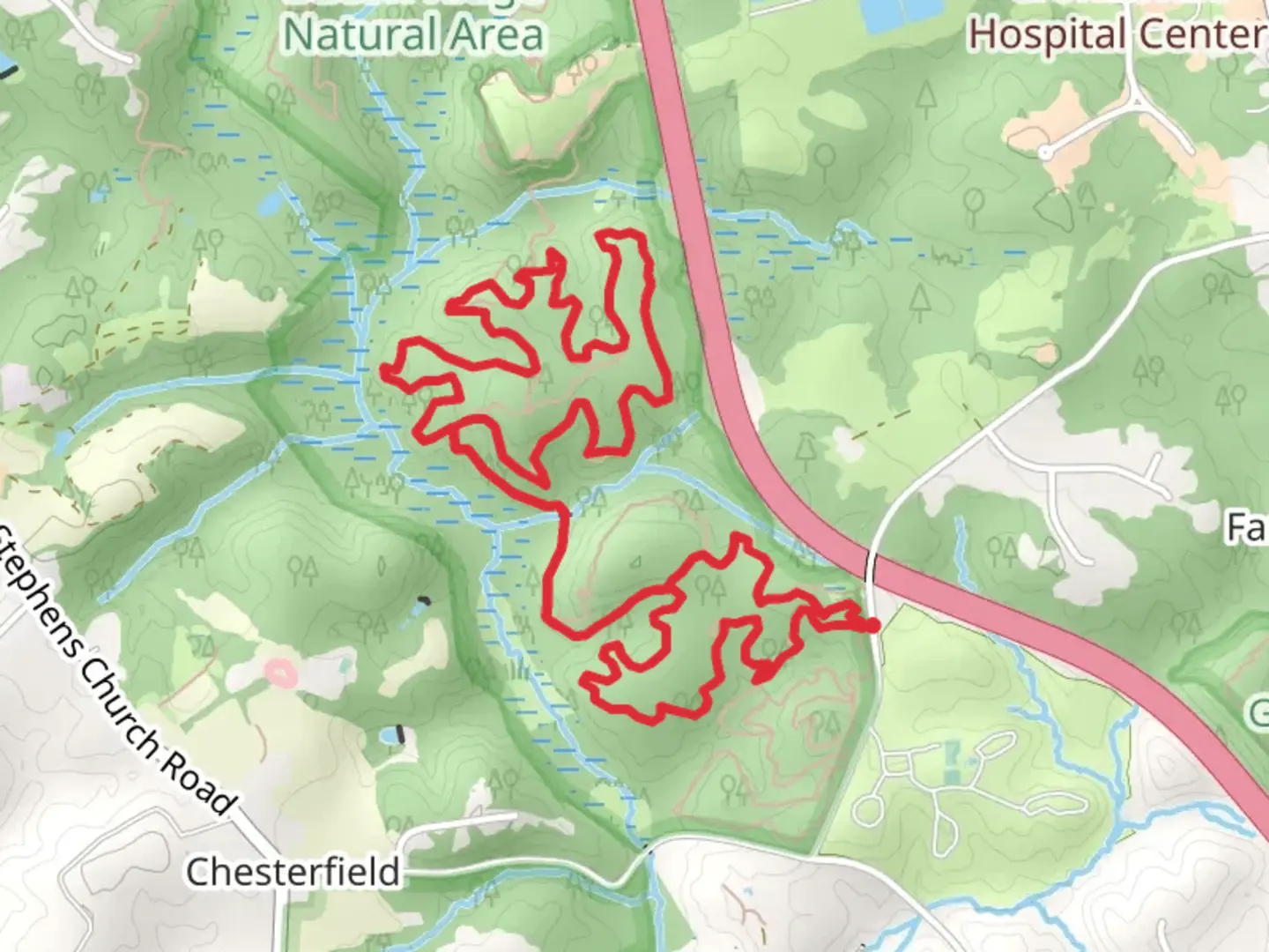 An image depicting the trail Box Turtle - Thru T- Wolf Loop Trail and its surrounding area.