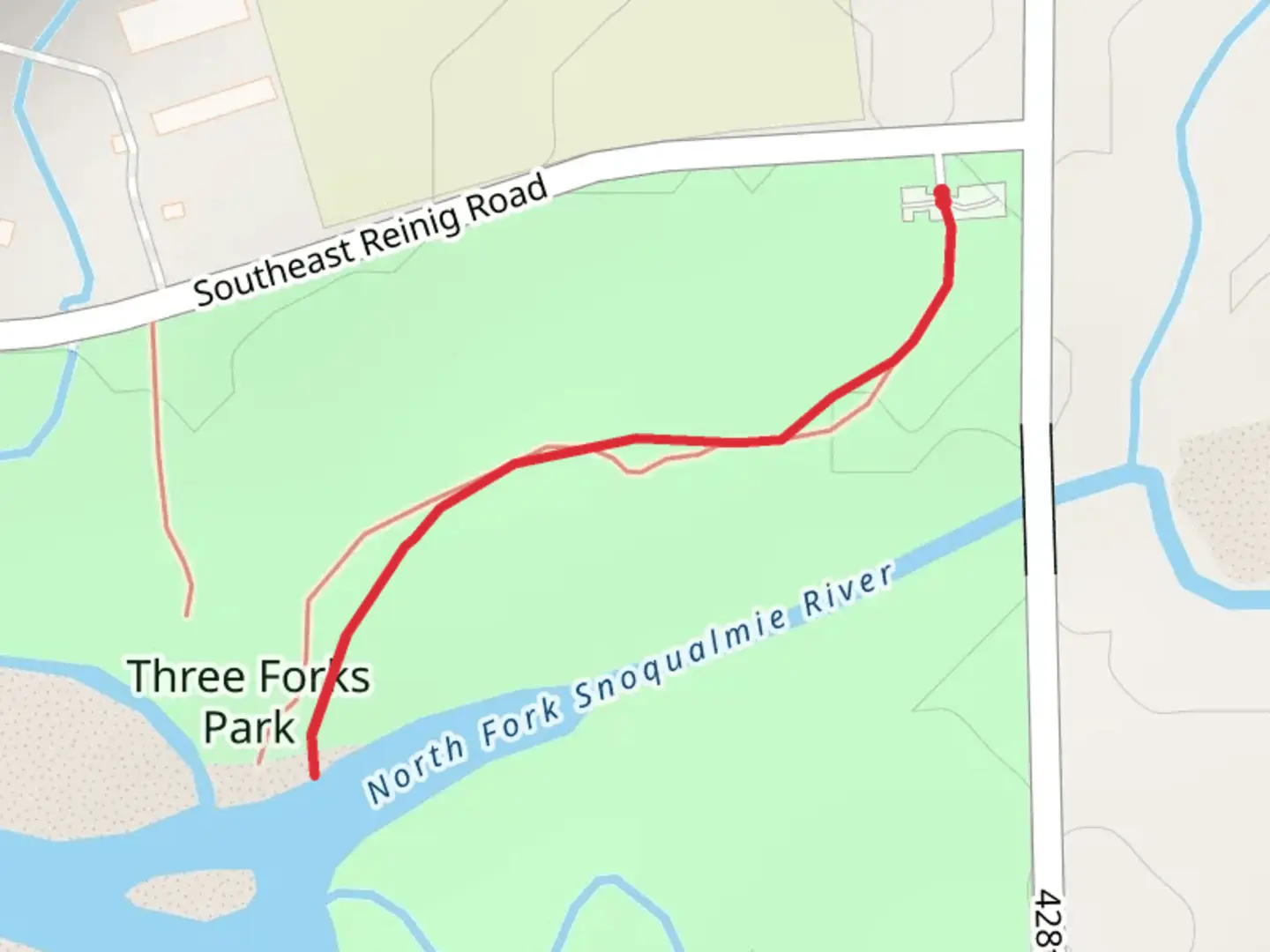 An image depicting the trail Southeast Reinig to Road North Fork Snoqualmie River and its surrounding area.