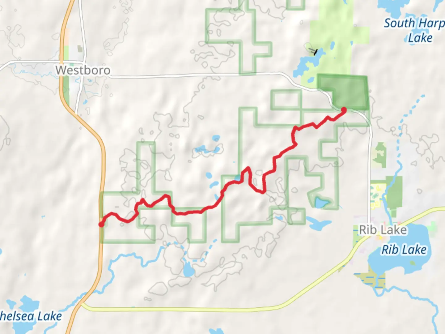 An image depicting the trail Ice Age Trail and East Lake and its surrounding area.